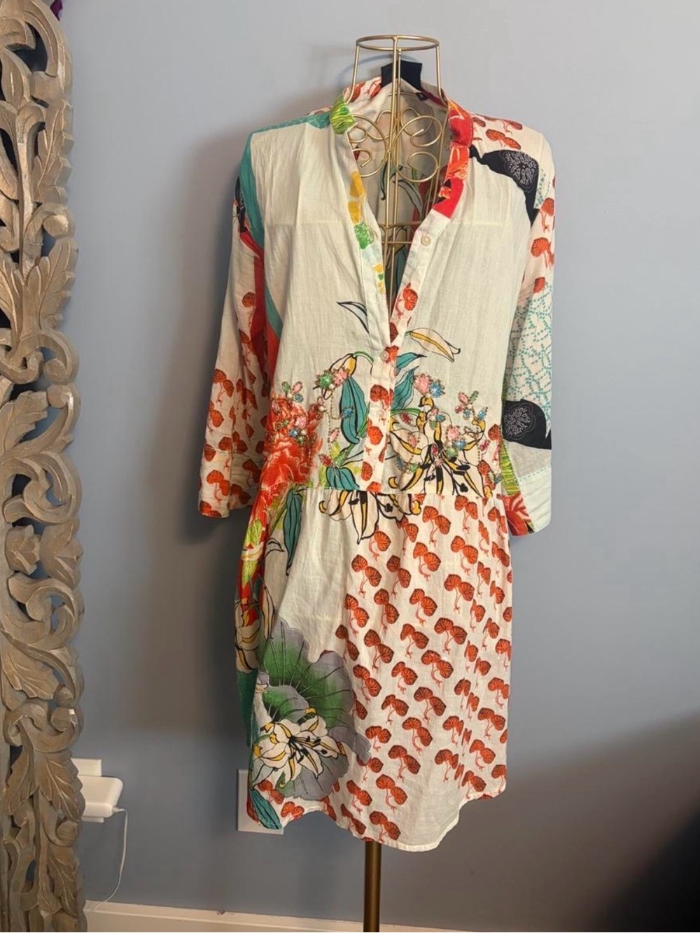 Long Sleeve Floral Patchwork Tunic Dress in Cream and Orange